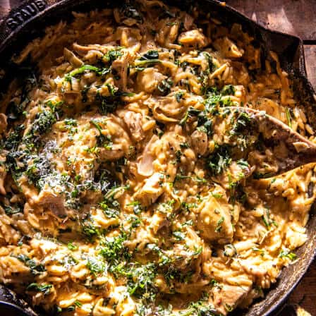 25 Minute Spinach and Artichoke Chicken Orzo | halfbakedharvest.com