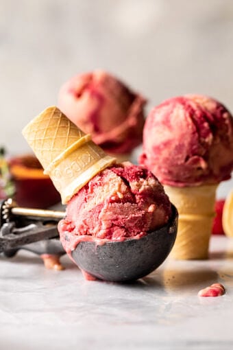 5 ingredient Raspberry Peach Sherbet | halfbakedharvets.com