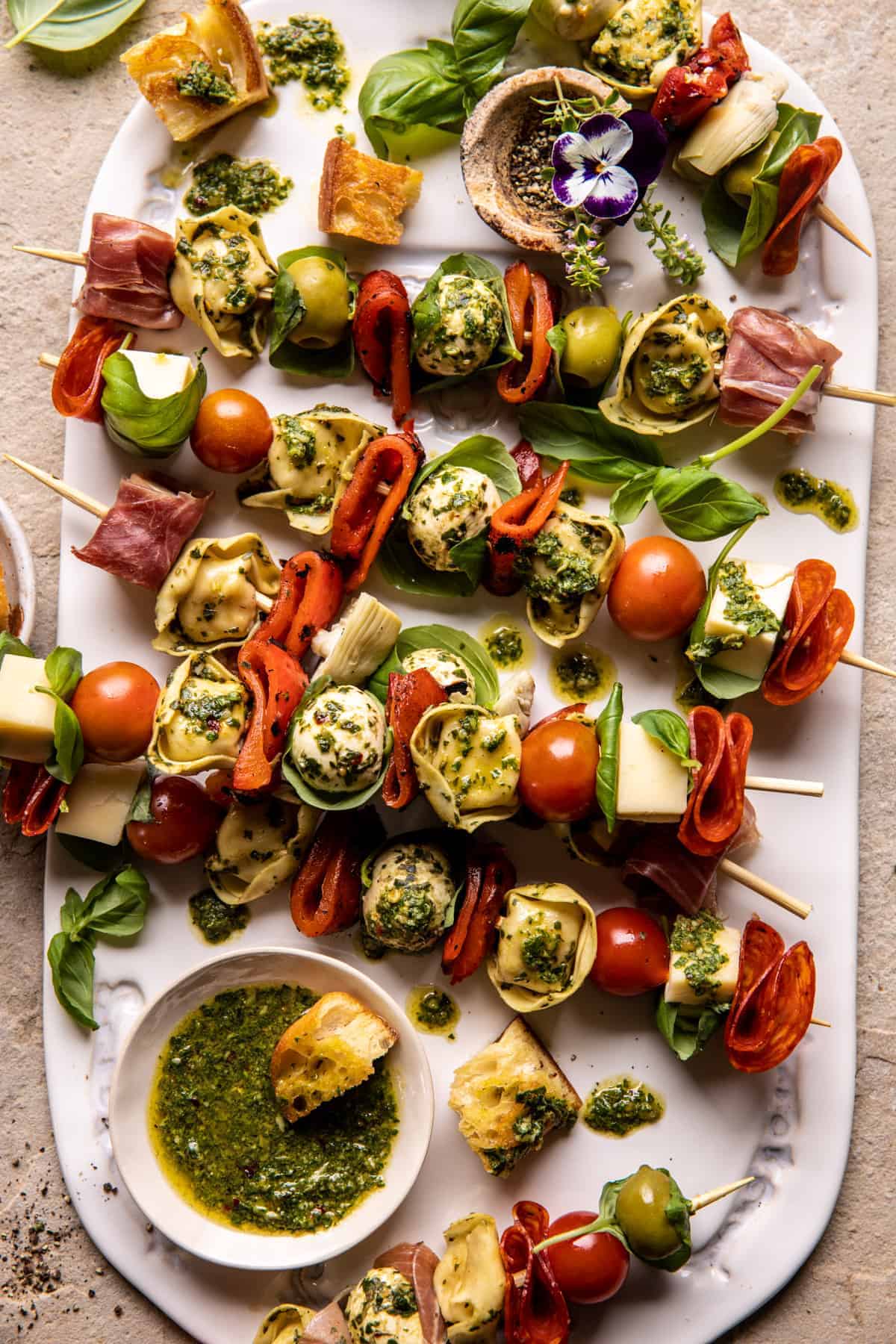 Antipasto Tortellini Skewers with Lemon Basil Vinaigrette | halfbakedharvest.com