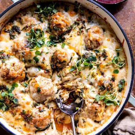 Baked Lemon Rosemary Chicken Meatballs and Creamy Orzo | halfbakedharvest.com