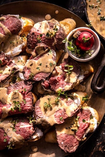 Beef Tenderloin Crostini with Parmesan Wine Cream Sauce| halfbakedharvest.com