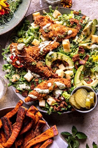 Black Pepper Pretzel Chicken And Avocado Bacon Salad halfbakedharvest.com