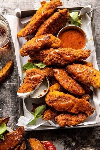 Black Pepper Rub Chicken Fingers with Greek Yogurt Ranch | halfbakedharvest.com