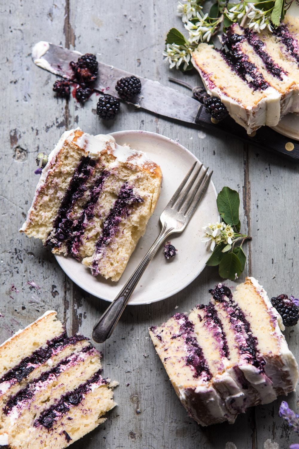 Blackberry Lavender Naked Cake with White Chocolate Buttercream | halfbakedharvest.com #summerrecipes #layercake #blueberries