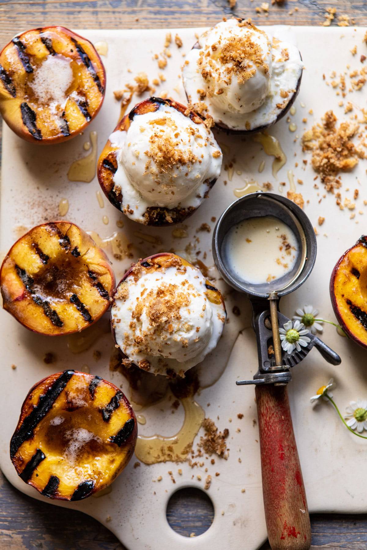 Browned Butter Grilled Peaches with Cinnamon Toast Brioche Crumbs | halfbakedharvest.com #summerrecipes #peaches #icecream #easyrecipes