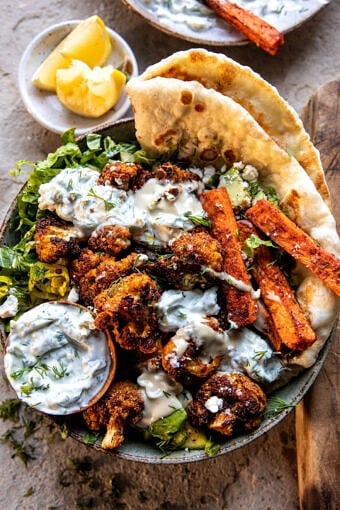 Cauliflower Tzatziki Bowls with Sweet Potato Fries | halfbakedharvest.com