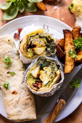 Cheesy Pesto Avocado Bacon Breakfast Burrito | halfbakedharvest.com