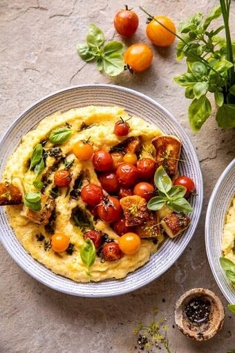 Cherry Tomato Pesto Polenta with Fried Halloumi | halfbakedharvest.com