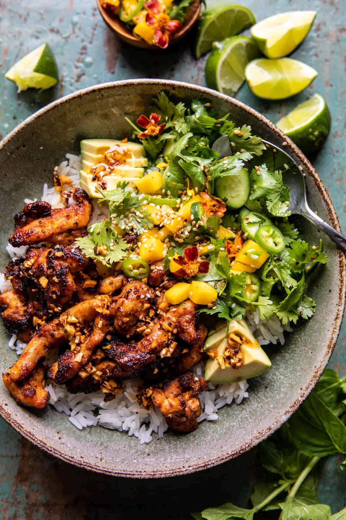 Chili Crisp Chicken Mango Cucumber Rice Bowl | halfbakedharvest.com