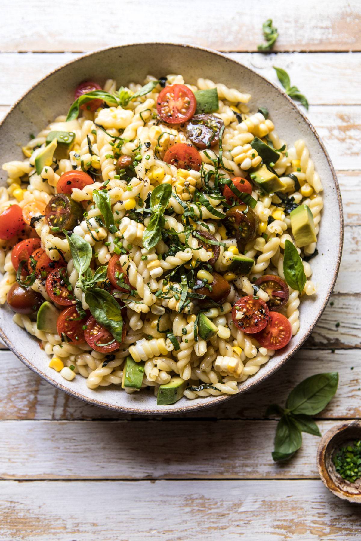 Corn, Tomato, and Avocado Pasta Salad | halfbakedharvest.com #pasta #summer #pastasalad #easy