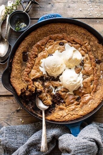 Crinkle Top Chocolate Peanut Butter Skillet Blondies | halfbakedharvest.com