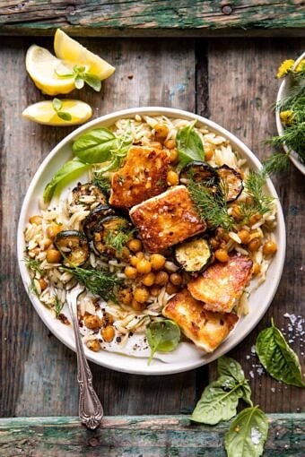 Crispy Lemon Feta with Spiced Chickpeas and Basil Orzo | halfbakedharvest.com