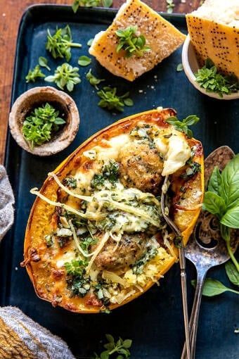 Garlic Butter Chicken Meatball Stuffed Spaghetti Squash | halfbakedharvest.com