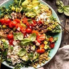 Greek Tahini Chicken and Feta Orzo Bowls | halfbakedharvest.com