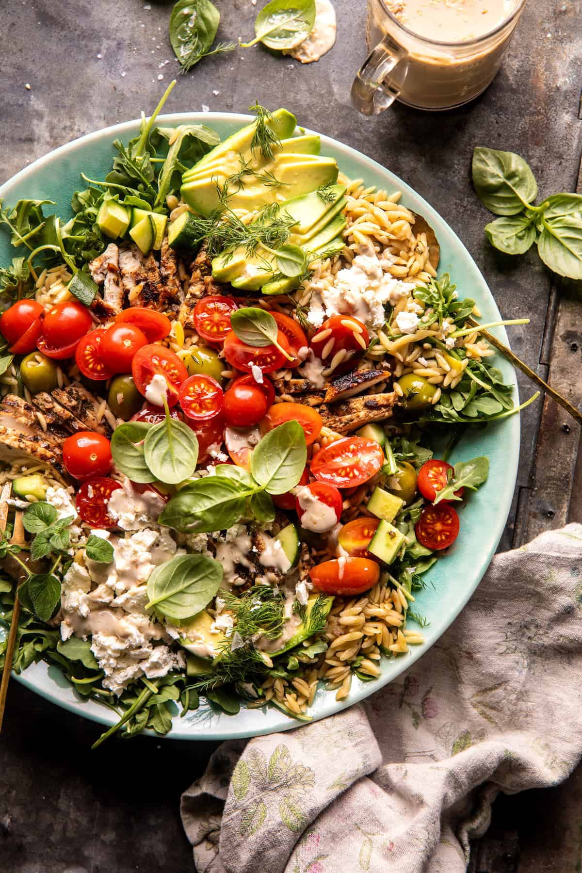 Greek Tahini Chicken and Feta Orzo Bowls | halfbakedharvest.com