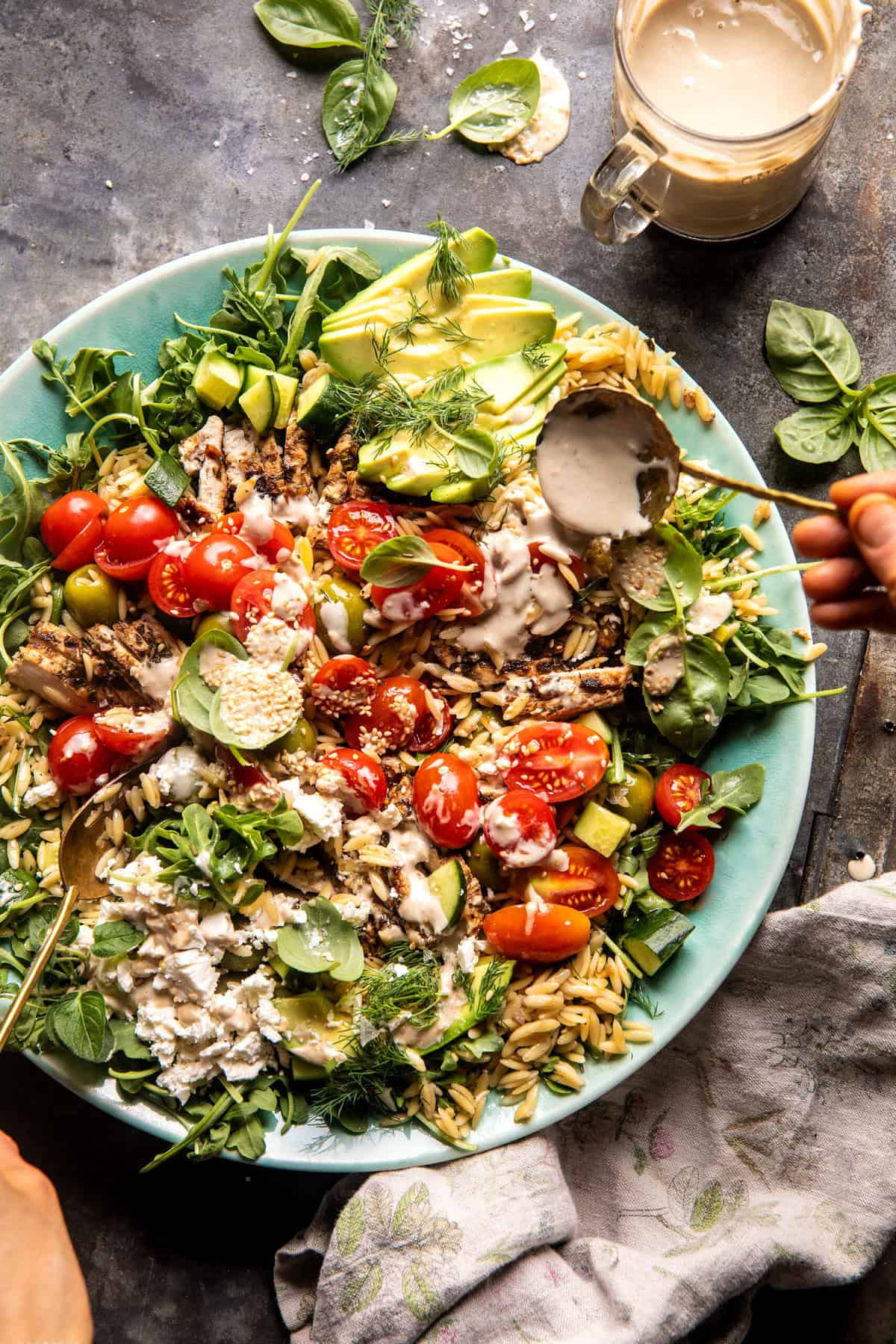 Greek Tahini Chicken and Feta Orzo Bowls | halfbakedharvest.com