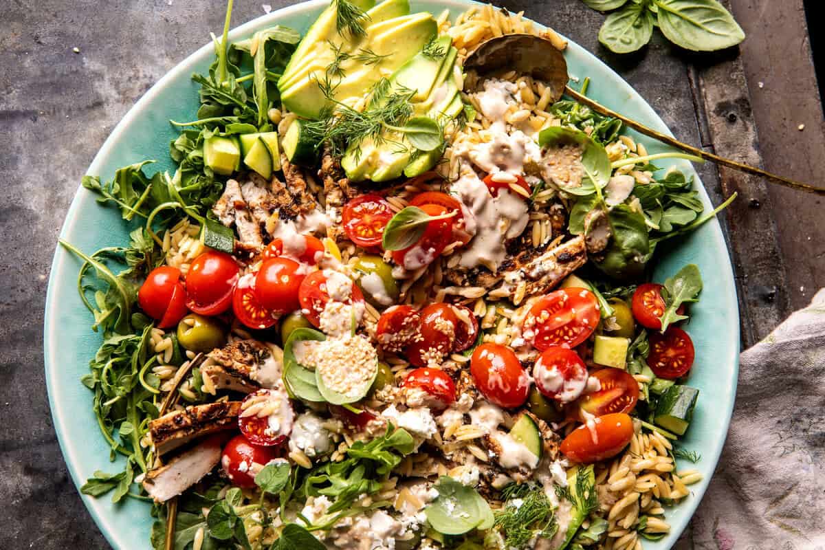 Greek Tahini Chicken and Feta Orzo Bowls | halfbakedharvest.com