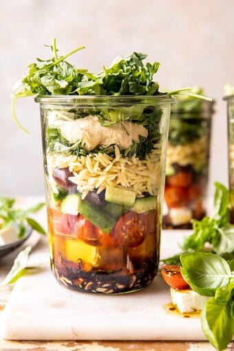 Marinated Tomato Feta Orzo Salad Jars | halfbaledharvest.com