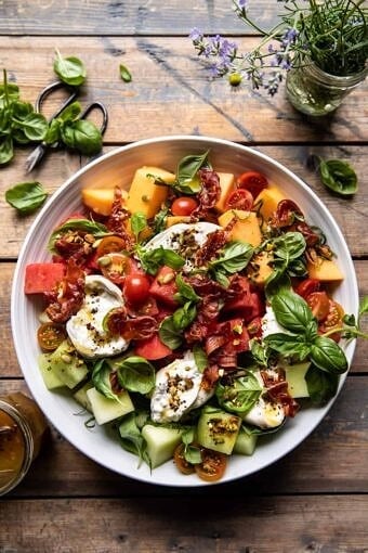 Melon Basil Burrata Salad with Crispy Prosciutto | halfbakedharvest.com