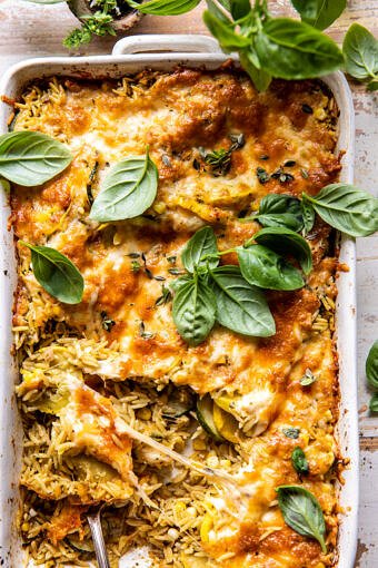 One Pan Corn and Zucchini Pesto Orzo Casserole | halfbakedharvest.com