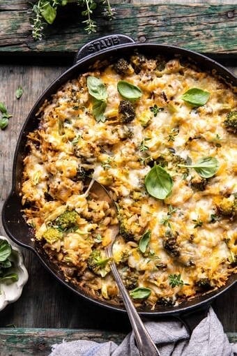 One Skillet Cheesy Broccoli Cheddar Orzo Bake | halfbakedharvest.com