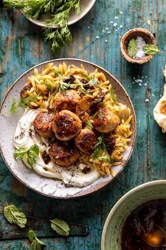 One Skillet Greek Meatballs and Lemon Butter Orzo | halfbakedharvest.com