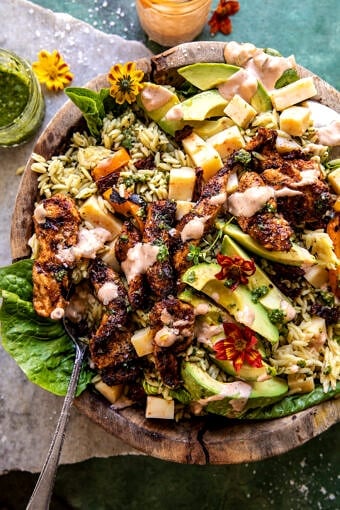 Pesto Chicken Avocado Orzo Salad | halfbakedharvest.com