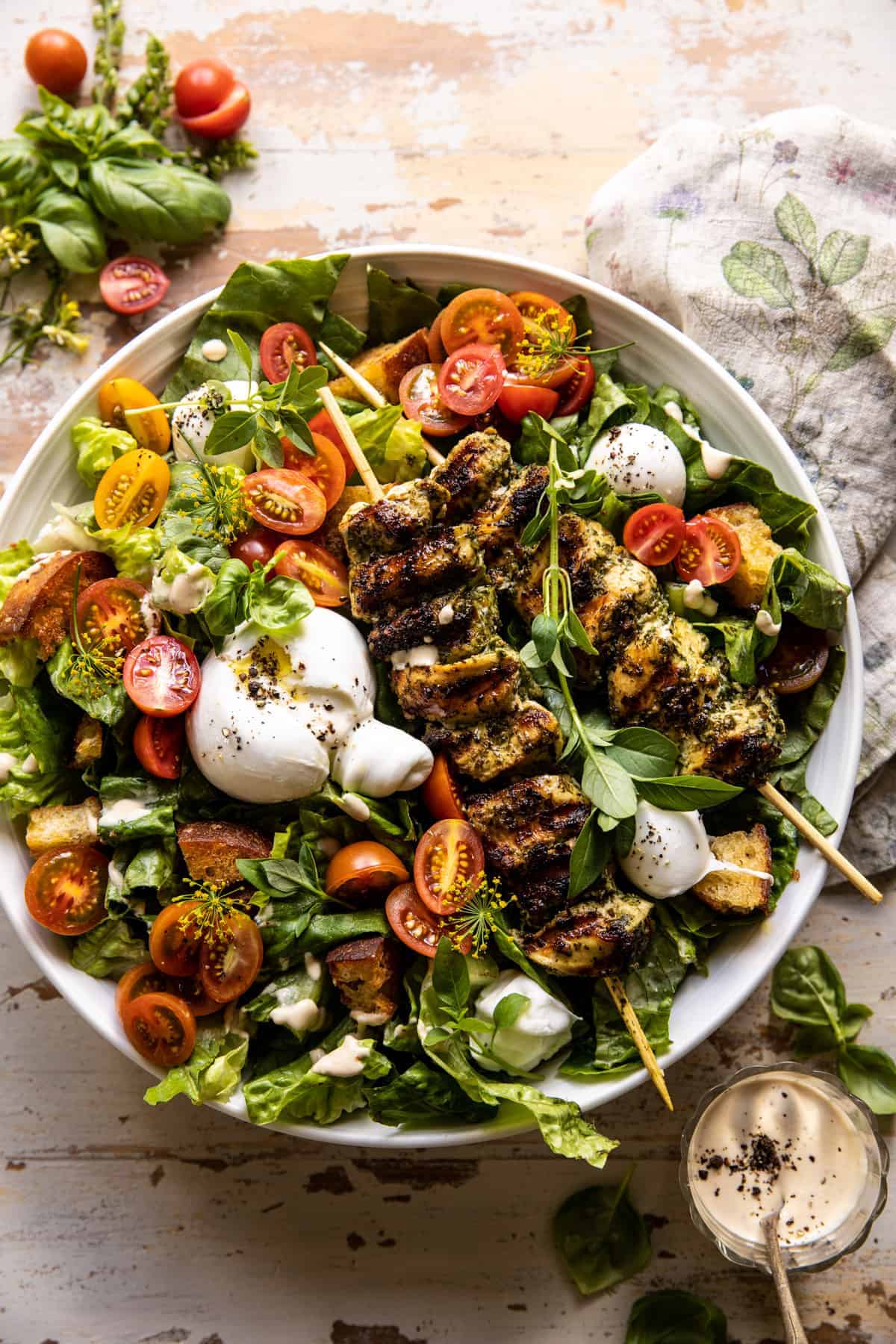 Pesto Chicken Caesar Salad with Tomatoes and Burrata | halfbakedharvest.com