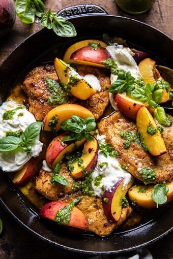 Pesto Peach Chicken in White Wine with Burrata | halfbakedharvest.com