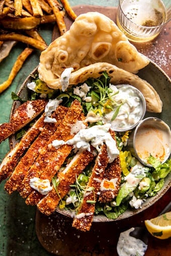 Sesame Chicken Schnitzel Bowls with Feta Tzatziki | halfbakedharvest.com