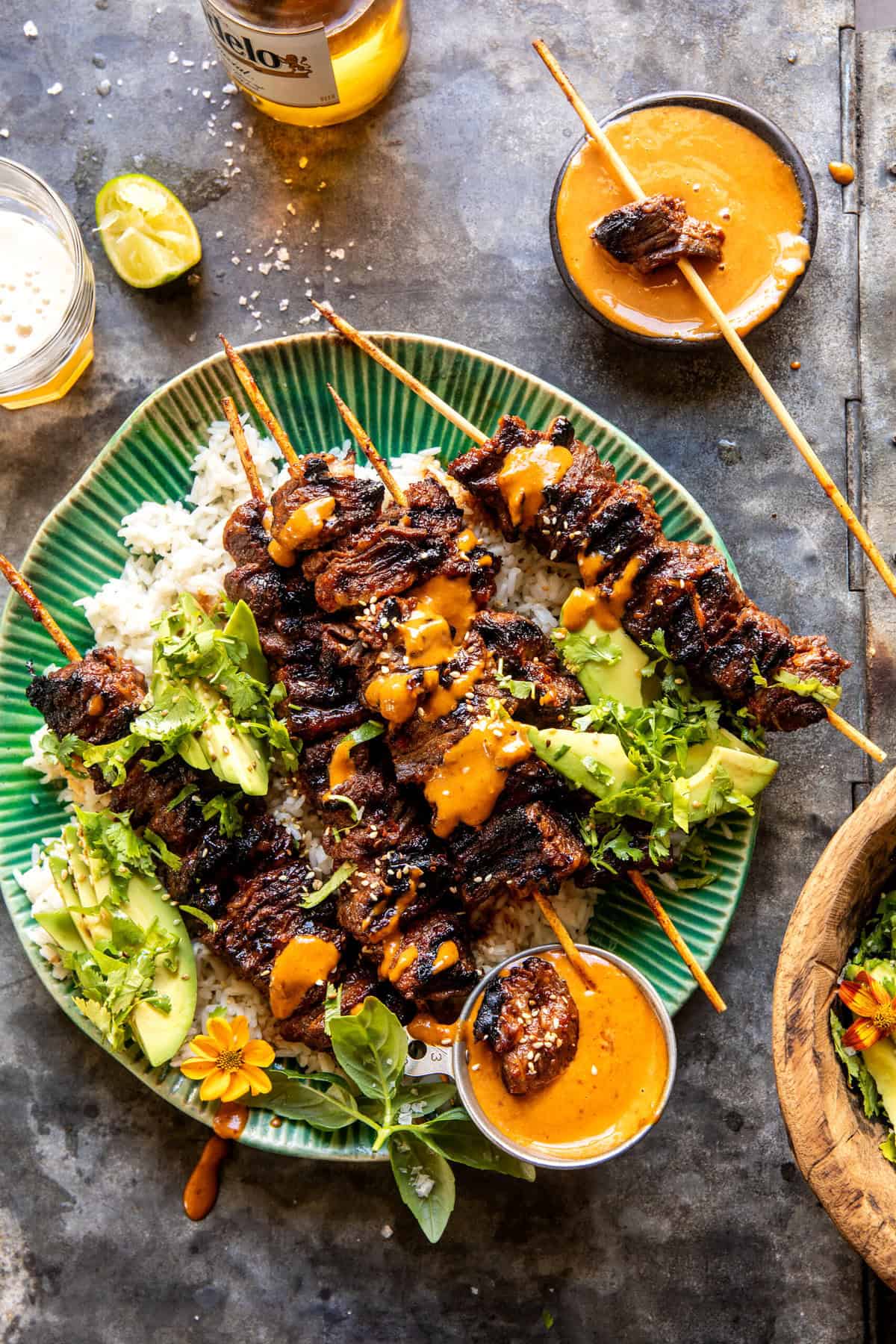 Sesame Ginger Steak Skewers with Peanut Sauce | halfbakedharvest.com