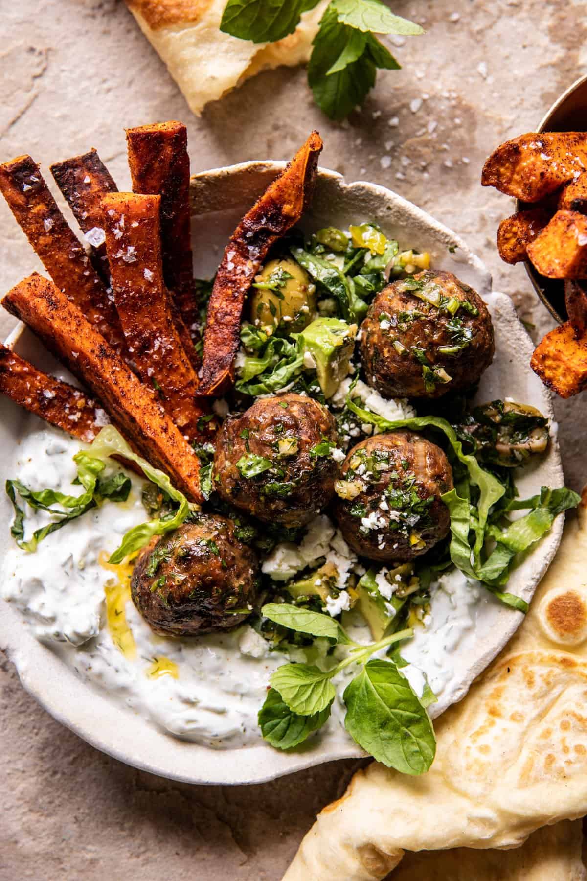 Sheet Pan Greek Meatballs and Tzatziki | halfbakedharvest.com