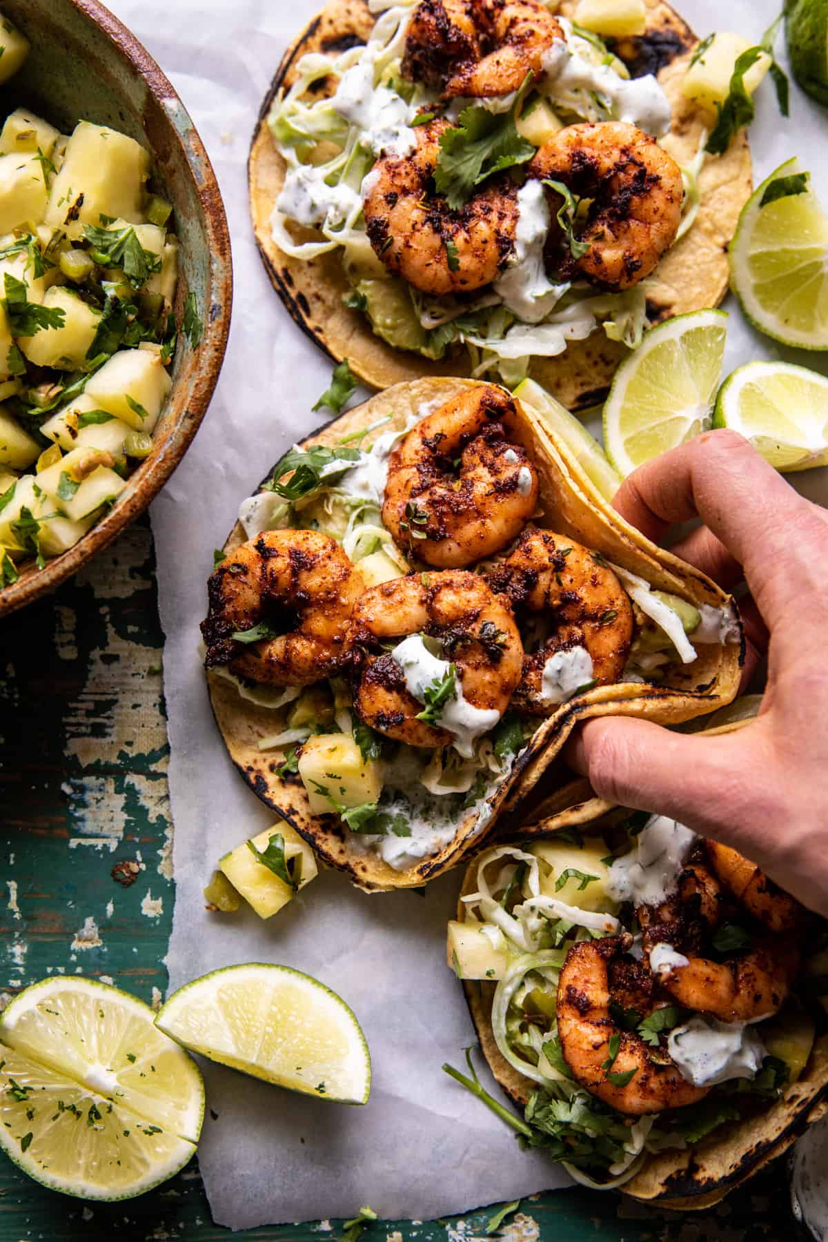 Sheet Pan Jalapeño Pineapple Shrimp Tacos with Cilantro Garlic Sauce | halfbakedharvest.com