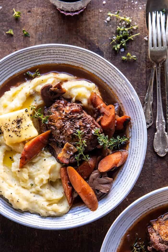 Slow Cooker Coq au Vin with Parmesan Mashed Potatoes | halfbakedharvest.com