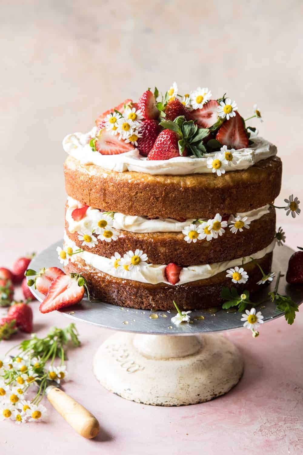 Strawberry Chamomile Naked Cake | halfbakedharvest.com #cake #spring #strawberry #recipes #easter