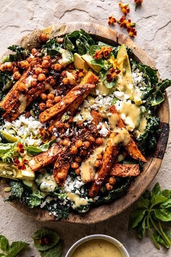 Sweet Potato Kale Salad with Creamy Honey Mustard Dressing | halfbakedharvest.com