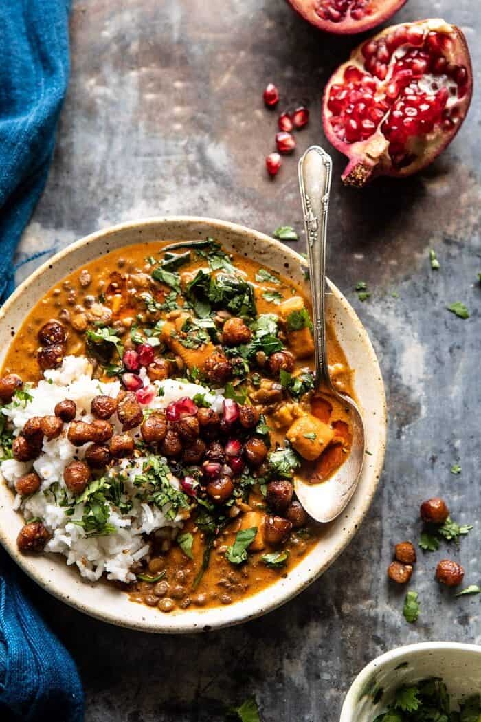 Sweet Potato Lentil Curry with Crispy Sesame Chickpeas | halfbkaedharvest.com #healthy #vegan #easyrecipes #fallrecipes