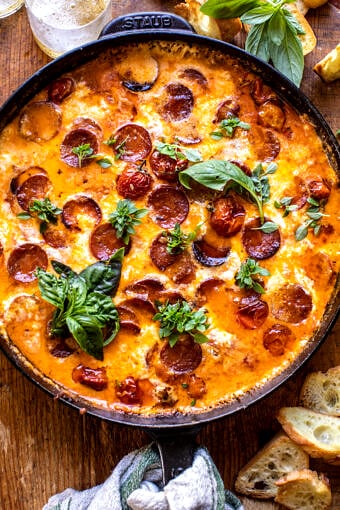 Tomato Burrata Pepperoni Pizza Dip | halfbakedharvest.com