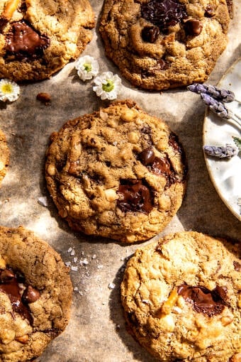 Wholesome Peanut Butter Pretzel Chocolate Chip Cookies | halfbakedharvest.com